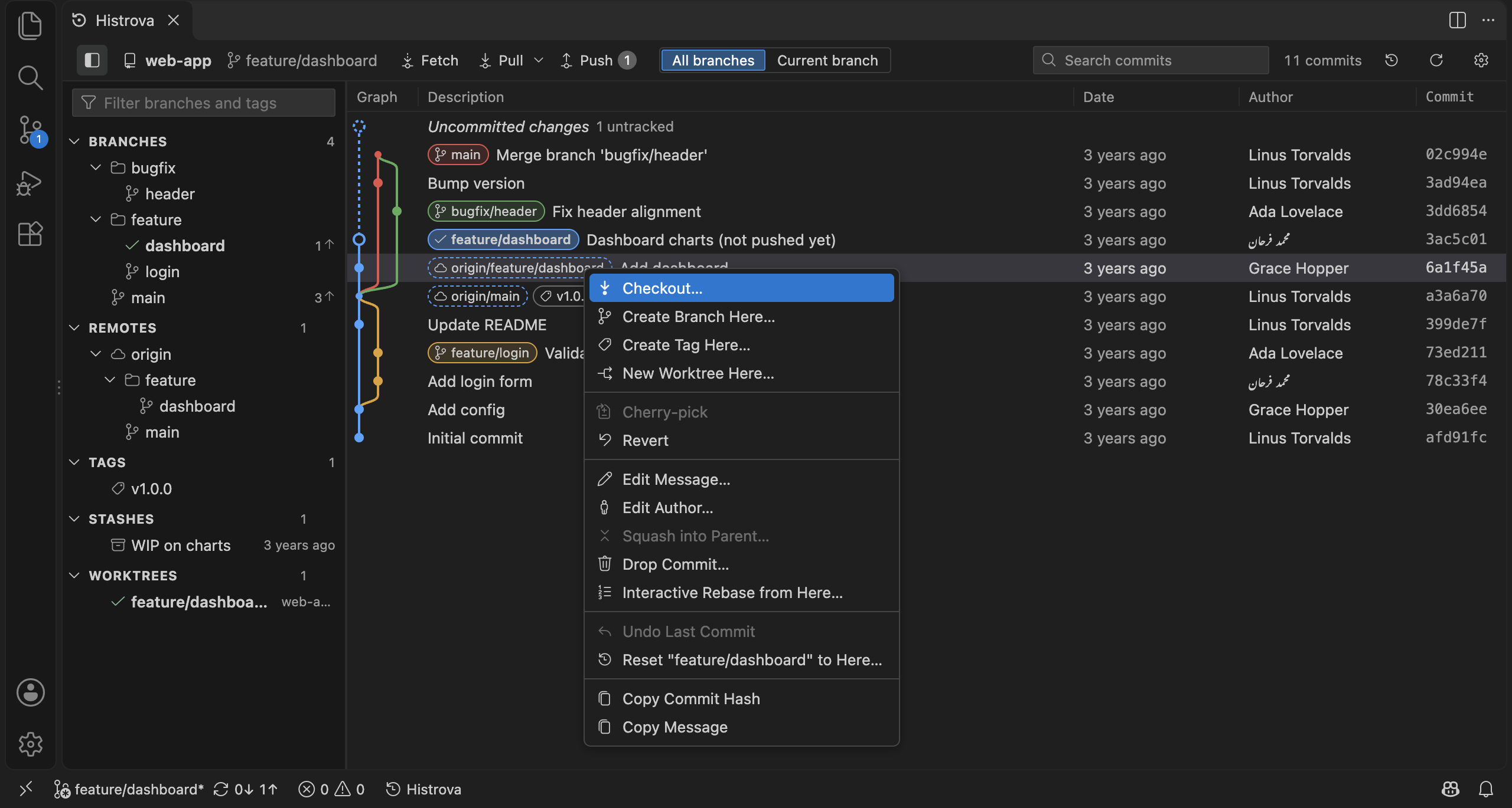 Right-click menu of a commit